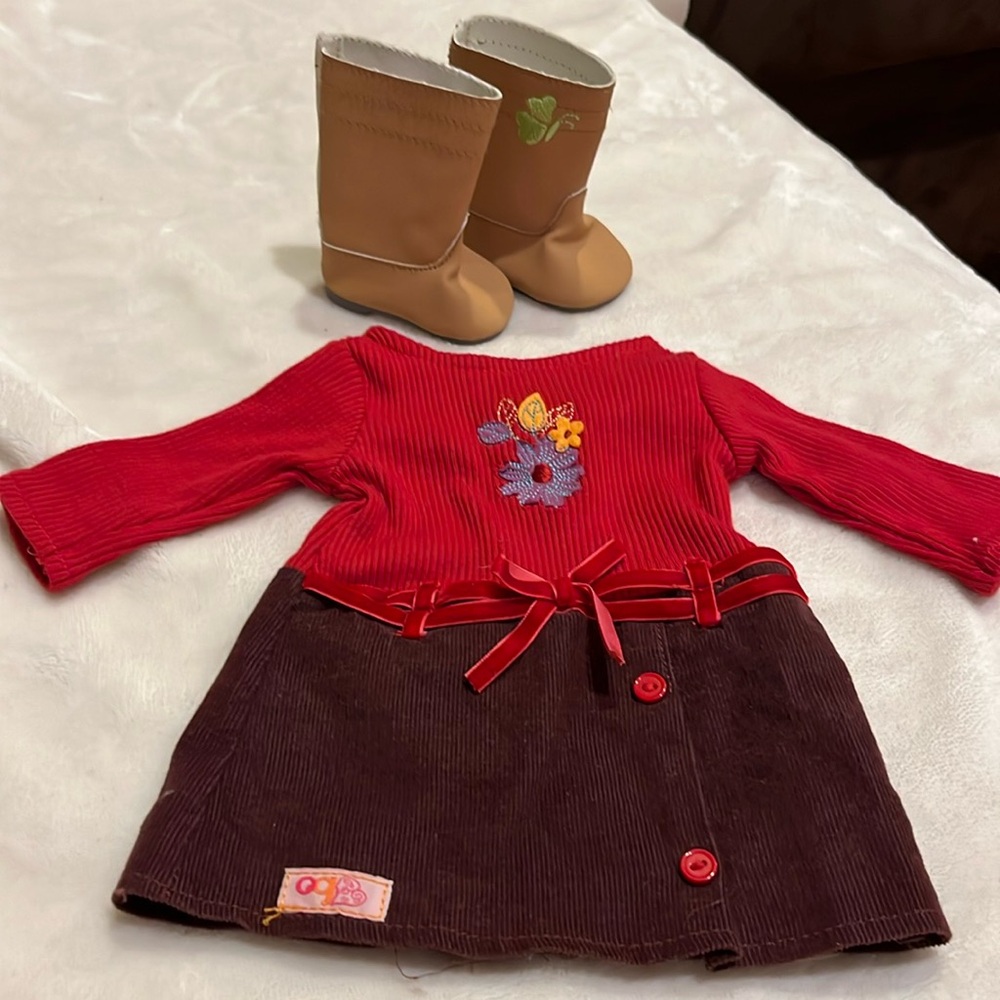 American Girl Doll Shoes Boots Tan with OG dress